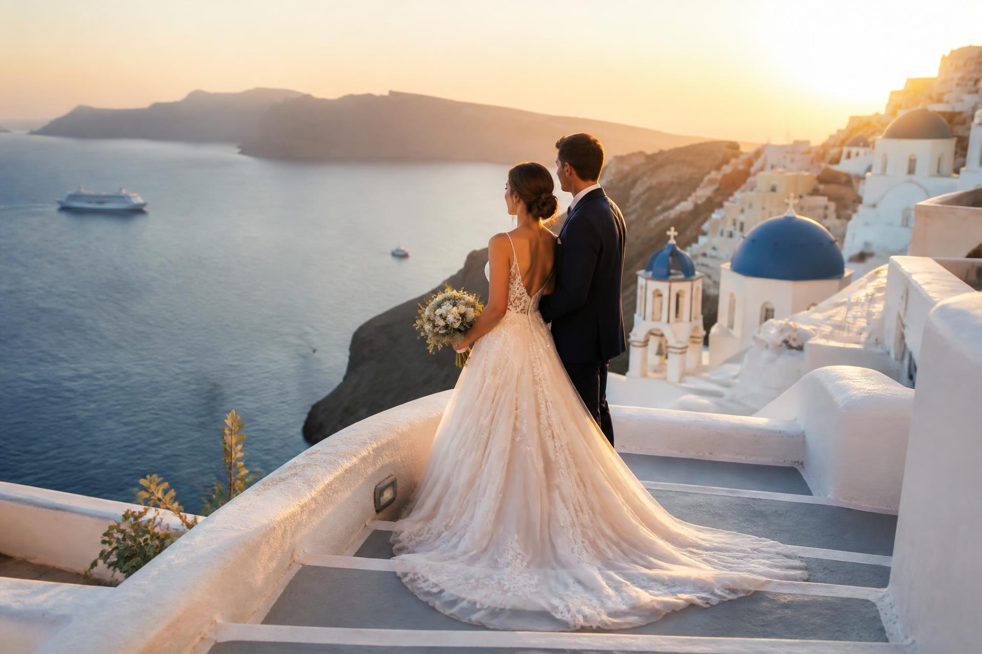Bride and groom on a clifftop terrace above the Mediterranean at sunset